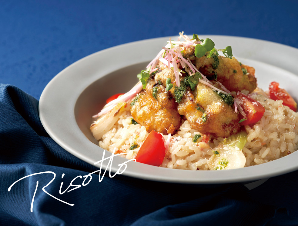 ずわい蟹と小かぶのリゾット柚子の香り 牡蠣のフリット添え